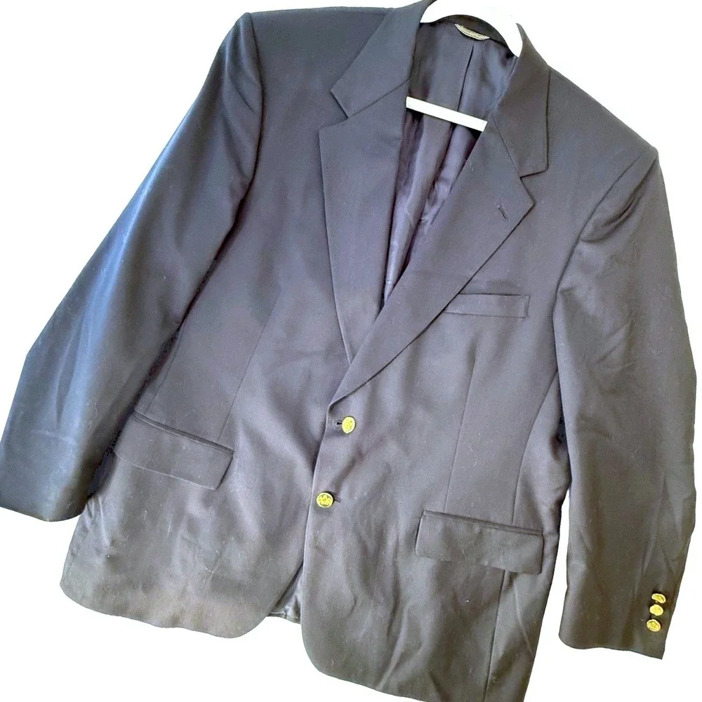 Vintage Stafford Blazer Men's 46R Navy Blu 100 Wool Gold Btn Jacket Sport Coat